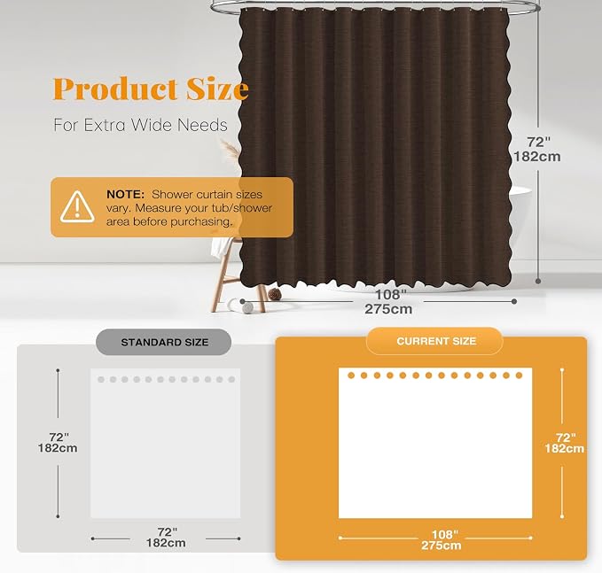 BTTN 108x72 Boho Scalloped Linen Textured Cloth Shower Curtain Set, Brown | Extra Wide Size, 230GSM Waterproof Polyester, Heavy Duty Fabric, 18 Plastic Hooks, Modern Farmhouse Style, Machine Washable