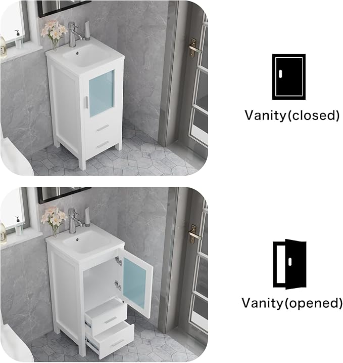 wonline 16" Bathroom Vanity Set, Single Small Bathroom Cabinet with Ceramic Sink, Modern White Cabinet Vanity with Faucet & Pop Up Drain