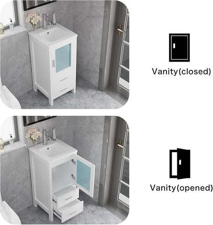 wonline 16" Bathroom Vanity Set, Single Small Bathroom Cabinet with Ceramic Sink, Modern White Cabinet Vanity with Faucet & Pop Up Drain