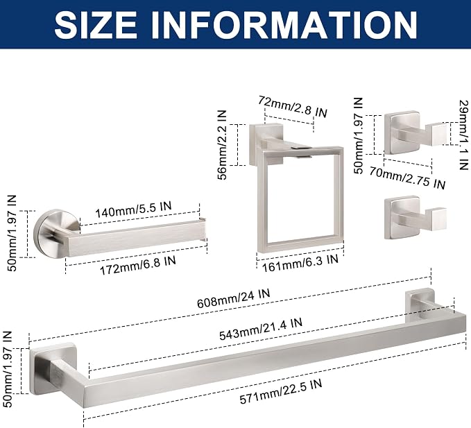 NearMoon 5 Pieces Bathroom Hardware Set 304 Stainless Steel, Square Towel Rack Kit - 24" Towel Rod + Towel Ring + Toilet Paper Holder + 2 Robe Hooks, Wall Mounted Bath Accessories (Brushed Nickel)