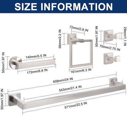 NearMoon 5 Pieces Bathroom Hardware Set 304 Stainless Steel, Square Towel Rack Kit - 24" Towel Rod + Towel Ring + Toilet Paper Holder + 2 Robe Hooks, Wall Mounted Bath Accessories (Brushed Nickel)