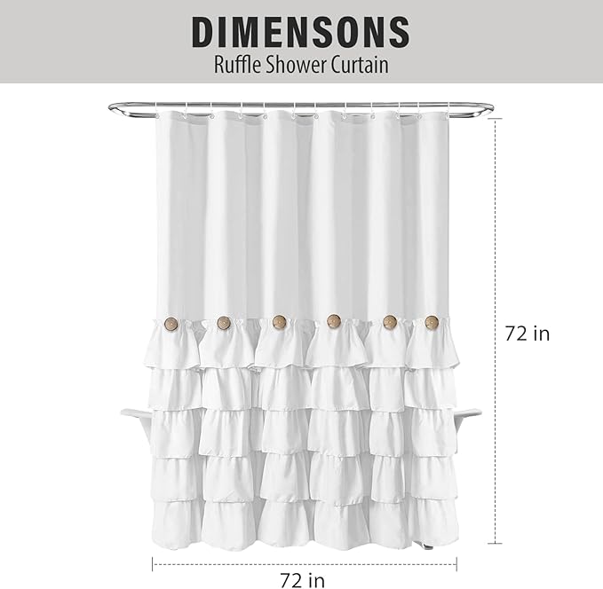 Seasonwood White Ruffle Shower Curtain Farmhouse Shower Curtain 72 X 72inch Vintage Shower Curtains with Buttons & White Ruffles for Bathroom Bathtubs Decor Accessory