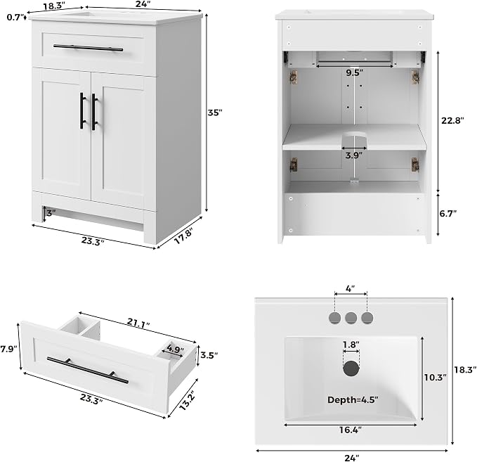 LIKIMIO 24" Bathroom Vanity with Sink, 1 U-Shaped Drawer & 2 Doors, White | Freestanding Bathroom Vanity, Integrated Ceramic Sink, Soft-Close Doors & Drawer, Modern Bathroom Storage Cabinet