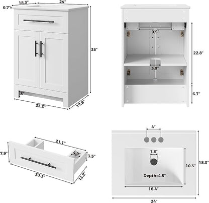 LIKIMIO 24" Bathroom Vanity with Sink, 1 U-Shaped Drawer & 2 Doors, White | Freestanding Bathroom Vanity, Integrated Ceramic Sink, Soft-Close Doors & Drawer, Modern Bathroom Storage Cabinet