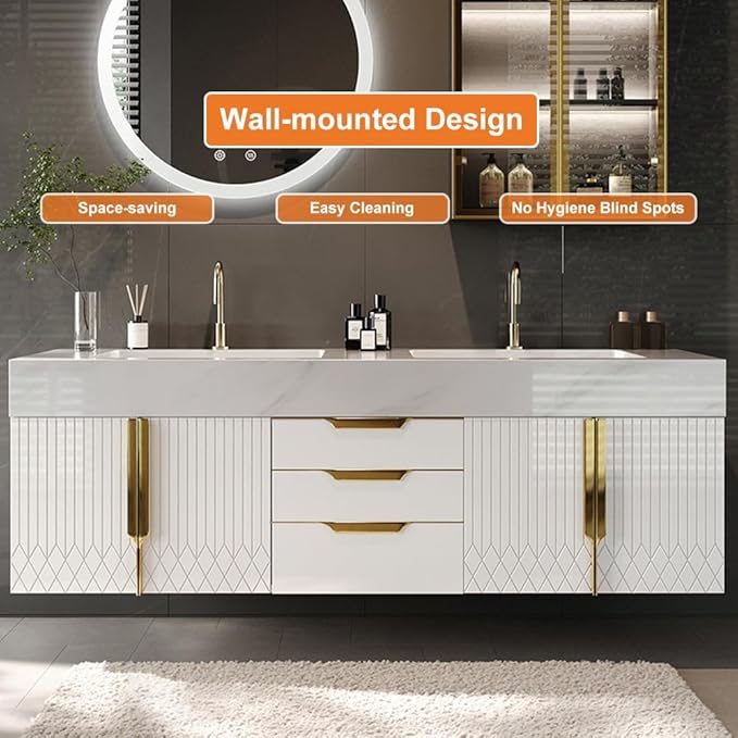 KunMai 59" White Floating Bathroom Vanity with Faux Marble Top, Double Ceramic Vessel Sinks, Wall-Mounted Design, 3 Drawers for Storage, Modern Bathroom Cabinet with Gold Hardware Finish