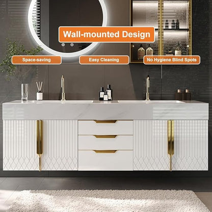 KunMai 59" White Floating Bathroom Vanity with Faux Marble Top, Double Ceramic Vessel Sinks, Wall-Mounted Design, 3 Drawers for Storage, Modern Bathroom Cabinet with Gold Hardware Finish