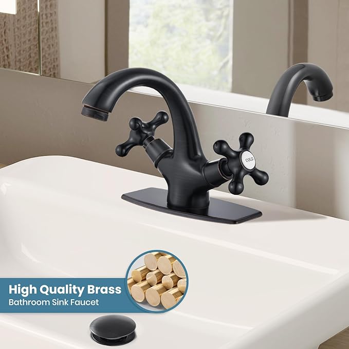 gotonovo Bathroom Sink Faucet Single Hole Double Cross Handle Knobs Lavatory Vessel Sink Mixer Tap Bathroom Faucet with Pop up Drain and Deck Cover Plate Oil Rubbed Bronze