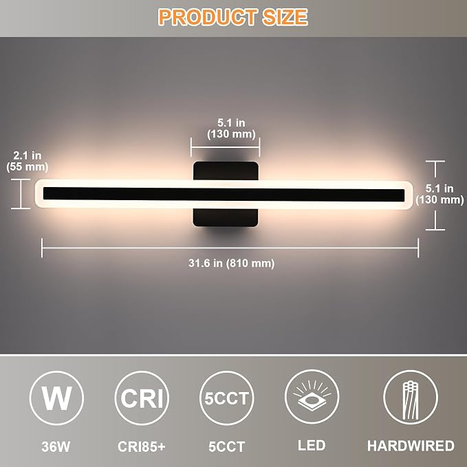 31.6 Inch LED Vanity Light for Bathroom Lighting Fixture Over Mirror, 36W 5CCT Dimmable Black Vanity Lighting Fixtures Modern LED Wall Sconces for Bathroom Bedroom, TRIAC Compatible