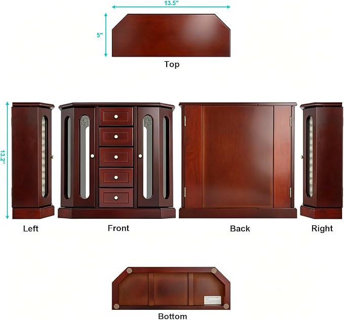 RR ROUND RICH DESIGN Vintage Jewelry Armoire with Mirror Brown | - Solid Wood Jewelry Box Organizer with 5 Drawers & 2 Glass Doors - Large Capacity Desktop Dresser Case