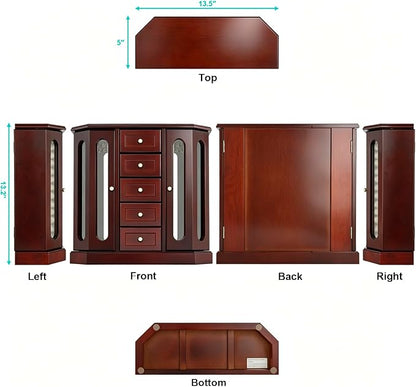 RR ROUND RICH DESIGN Vintage Jewelry Armoire with Mirror Brown | - Solid Wood Jewelry Box Organizer with 5 Drawers & 2 Glass Doors - Large Capacity Desktop Dresser Case