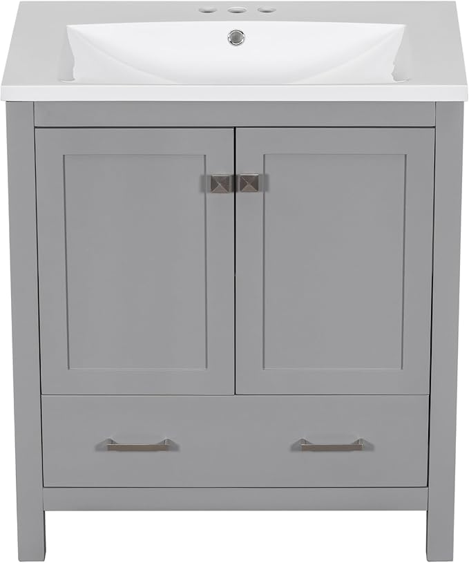 LUMISOL 30" Gray Bathroom Vanity with Sink, Solid Wood Bathroom Vanity with a Drawer and 2 Doors, Multifunctional Storage Racks, Freestanding Bathroom Storage Cabinet with Ceramic Sink, Grey