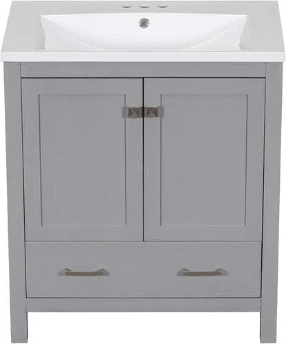 LUMISOL 30" Gray Bathroom Vanity with Sink, Solid Wood Bathroom Vanity with a Drawer and 2 Doors, Multifunctional Storage Racks, Freestanding Bathroom Storage Cabinet with Ceramic Sink, Grey