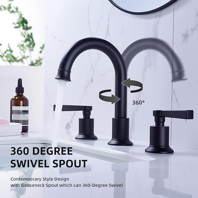 TRUSTMI Matte Black Bathroom Faucet Brass 2 Handle 8 Inch Widespread Lavatory Vanity Faucet with Metal Overflow Sink Drain
