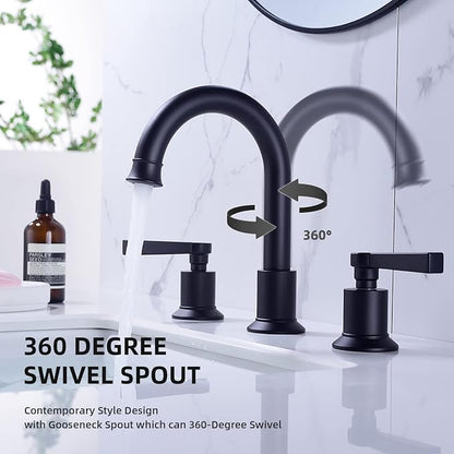 TRUSTMI Matte Black Bathroom Faucet Brass 2 Handle 8 Inch Widespread Lavatory Vanity Faucet with Metal Overflow Sink Drain