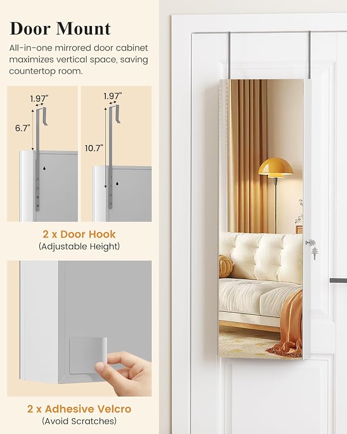 LVSOMT Over The Door Jewelry Organizer, 6 LED Wall Mounted Jewelry Cabinet | Lockable 42.5" Full Length Mirror with Jewelry Storage, Hanging Jewelry Mirror Cabinet, Jewelry Armoire for Women, White