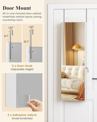 LVSOMT Over The Door Jewelry Organizer, 6 LED Wall Mounted Jewelry Cabinet | Lockable 42.5" Full Length Mirror with Jewelry Storage, Hanging Jewelry Mirror Cabinet, Jewelry Armoire for Women, White
