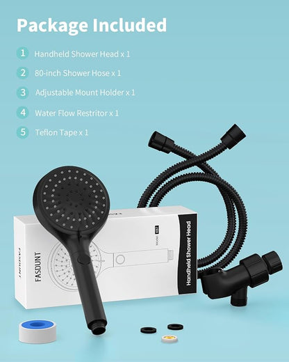 FASDUNT Shower Head with Handheld, High Pressure Showerhead with Hose Black | 80" Extra Long Stainless Steel Hose & Adjustable Bracket, Shower Heads with ON/OFF Switch for Pets Bath
