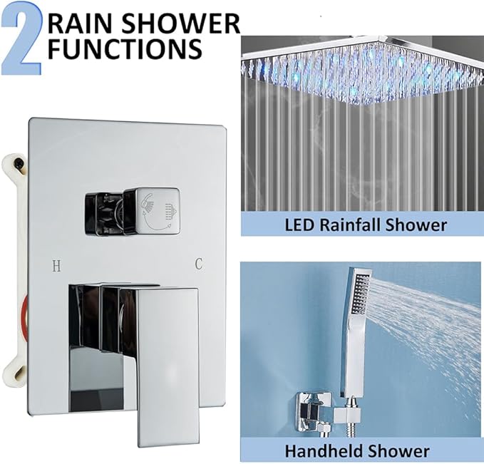 Ceiling Mount Shower Faucet Set 12 Inch LED Rainfall Shower Head Bathroom Rainfall Shower System with Handheld Spray Rough-in Valve Body and Trim Included, Chrome Finished
