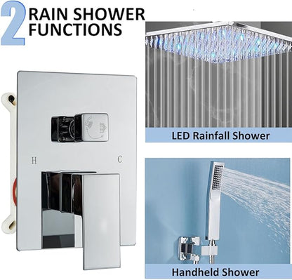 Ceiling Mount Shower Faucet Set 12 Inch LED Rainfall Shower Head Bathroom Rainfall Shower System with Handheld Spray Rough-in Valve Body and Trim Included, Chrome Finished