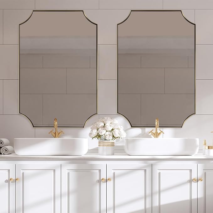 Brushed Gold Rectangle Mirror, 24x36 Inch Scalloped Bathroom Mirror, Unique Rectangular Mirror with Scalloped Design, Anti-Rust Stainless Steel Frame Deep 1"