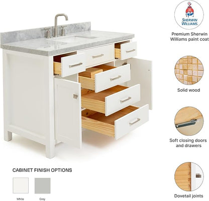 Alenza 48" White Bathroom Vanity with Sink, 1.5" Edge Italian Carrara Marble Countertop, Rectangular Undermount Sink, 2 Soft Closing Doors, 5 Dovetail Drawers