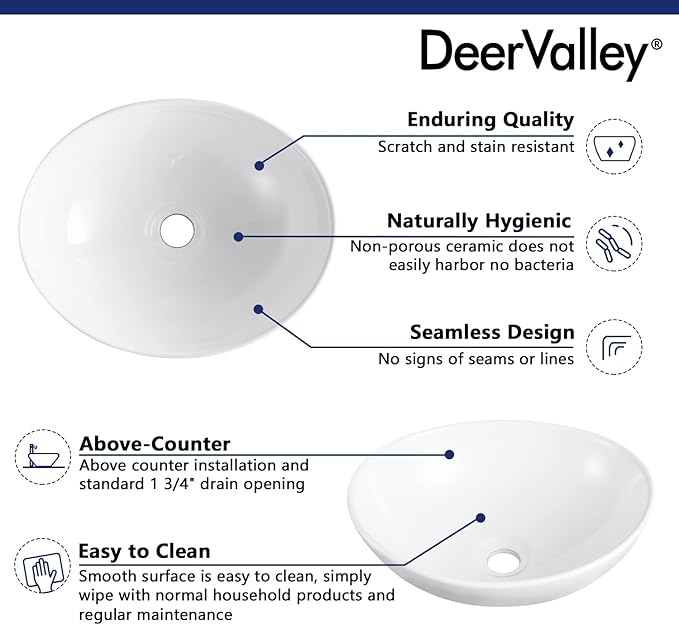 DeerValley Bathroom Vessel Sink, 16" x 13" Oval White Ceramic Vessel Sink, Modern Egg Shape Above Counter Bathroom Vanity Bowl, Porcelain Bathroom Vessel Vanity Sink Art Basin, DV-1V051