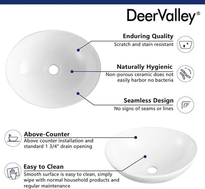 DeerValley Bathroom Vessel Sink, 16" x 13" Oval White Ceramic Vessel Sink, Modern Egg Shape Above Counter Bathroom Vanity Bowl, Porcelain Bathroom Vessel Vanity Sink Art Basin, DV-1V051