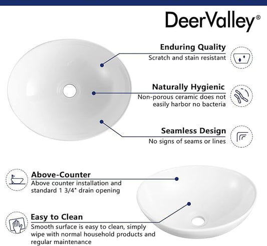 DeerValley Bathroom Vessel Sink, 16" x 13" Oval White Ceramic Vessel Sink, Modern Egg Shape Above Counter Bathroom Vanity Bowl, Porcelain Bathroom Vessel Vanity Sink Art Basin, DV-1V051