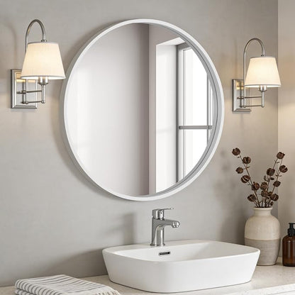 Round Wood Mirror 28 inch Circle Wall Mirror for Bathroom Round Wall Mirror for Wall Decor, Vanity, Entryway Living Room (White)
