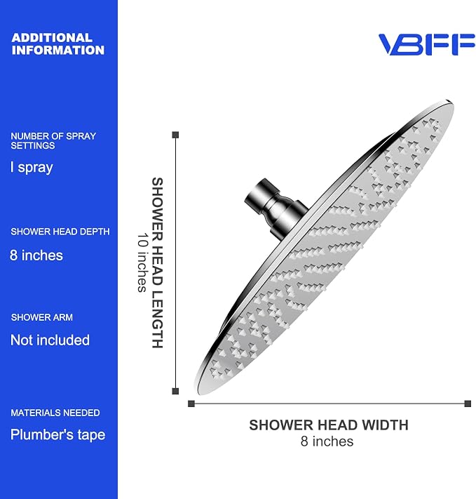 VBFF-Shower Head,rain shower head, 8 inch- Round Shower Head, 1.8 GPM Flow Rate, rainfall showerhead,VBFF11 (Chrome)