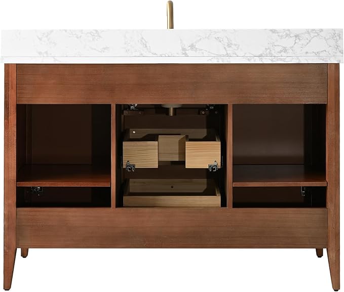 Vanity Art 48 inch Bathroom Vanity with Single Sink & Ceramic Top, Vanity Cabinet with Soft-Closing Door, Solid Wood Frame, Linear Pattern, Walnut, Golden Brushed Handware VA9148-Walnut-GB