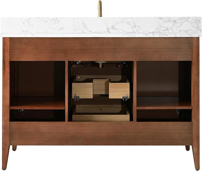 Vanity Art 48 inch Bathroom Vanity with Single Sink & Ceramic Top, Vanity Cabinet with Soft-Closing Door, Solid Wood Frame, Linear Pattern, Walnut, Golden Brushed Handware VA9148-Walnut-GB