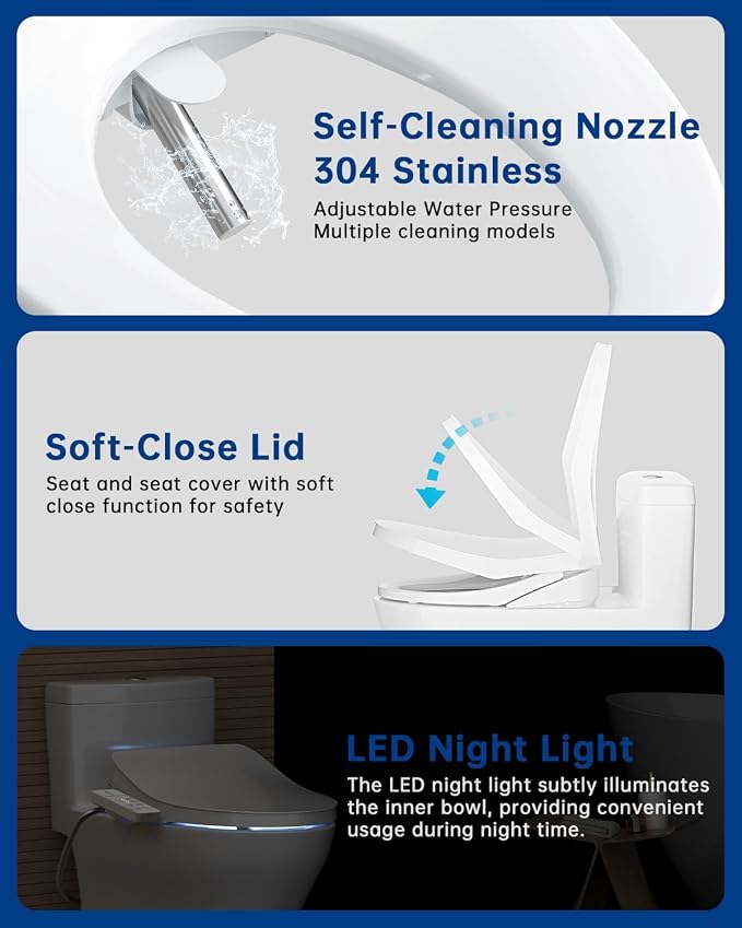 Heated Smart Toilet Seat with Feminine Wash & Dryer, Elongated Bidet with Adjustable Water Temperature, Pressure & Nozzle Position