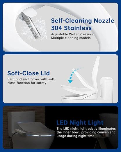 Heated Smart Toilet Seat with Feminine Wash & Dryer, Elongated Bidet with Adjustable Water Temperature, Pressure & Nozzle Position
