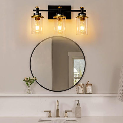 3 Light Bathroom Light Fixtures, Black and Brushed Gold Vanity Light Fixture Over Mirror, Modern Wall Sconces Lighting Wall Lamp for Bathroom, Bedroom, Hallway with Clear Glass Shade