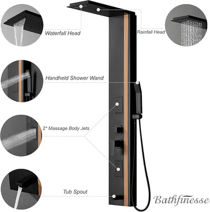 Shower Wall Panels Bathroom Shower Panel Tower System Multifunction Bamboo Wood and Stainless Steel Body Spray Jets Rainfall Waterfall Head with Handheld Wand and Tub Spout Wall Mount