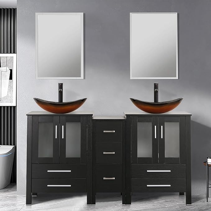 UEV 60" Double Sink Bathroom Vanity,Black Bathroom Vanity with Double Side Vanity Cabinets & Removable 3 Drawer Storage Cabinet with Vessel Sink,Mirror Not Included(029BR New)