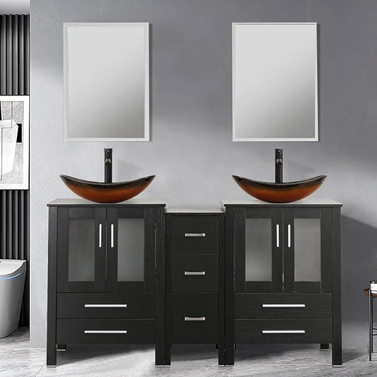 UEV 60" Double Sink Bathroom Vanity,Black Bathroom Vanity with Double Side Vanity Cabinets & Removable 3 Drawer Storage Cabinet with Vessel Sink,Mirror Not Included(029BR New)
