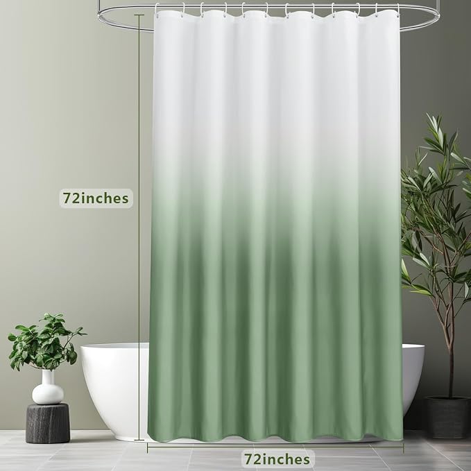 AooHome Fabric Shower Curtains, Cloth Ombre Green Shower Curtain Sets, Washable Fabric Green and White Shower Curtain, Rustic Farmhouse Bathroom Shower Curtains, 72x72 Inches