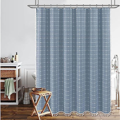 BTTN Blue Boho Farmhouse Linen Heavy Duty Fabric Shower Curtain Set, 72x72
