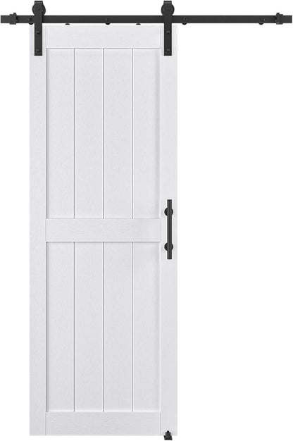 32in x 84in MDF Sliding Barn Door with 6ft Barn Door Hardware Kit & Handle | White Solid Barn Door Slab Covered with Water-Proof PVC Surface, Pre-Drilled Holes Easy Assembly, H-Frame