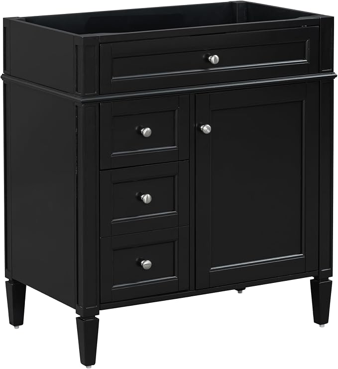 30" Bathroom Vanity Without Top Sink,Modern Freestanding Bath Storage Cabinet with 2 Soft-Close Drawers & Tip-Out Tray,Solid Wood Vanity Only w/Adjustable Shelf & Door Organizer,Black