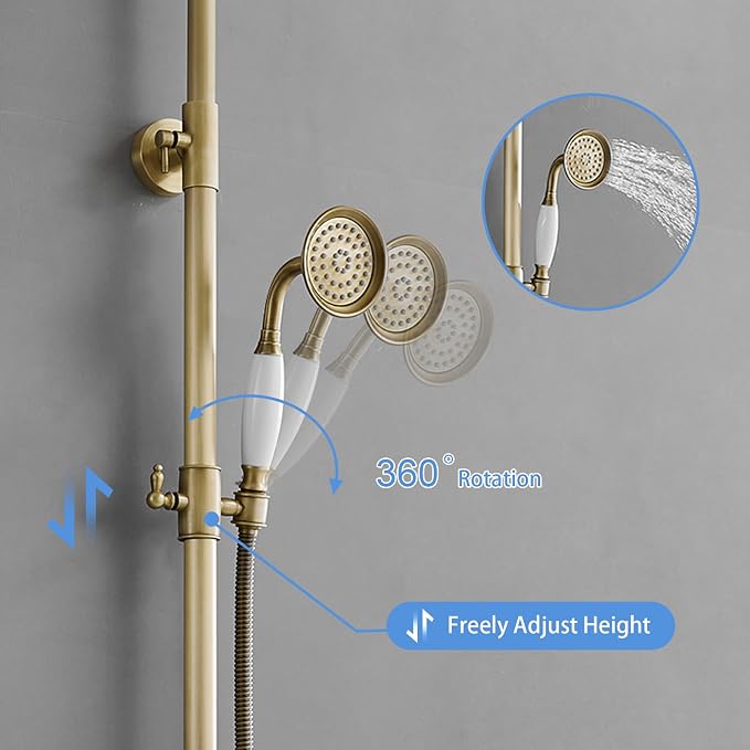 Homevacious Antique Brass Outdoor Shower Kit Exposed Shower | 8 Inch High Pressure Rain Shower Head with Hand Spray Bathroom Shower Faucet System Double Knobs Cross Handle 3-function