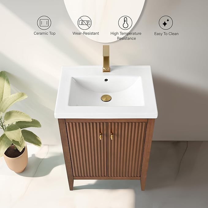 Vanity Art 24 inch Walnut Bathroom Vanity with Single Sink & Ceramic Top, Vanity Cabinet with Soft-Closing Door, Solid Wood Frame, Linear Pattern, Walnut, VA9124-Walnut-MB,Matte Black Handles