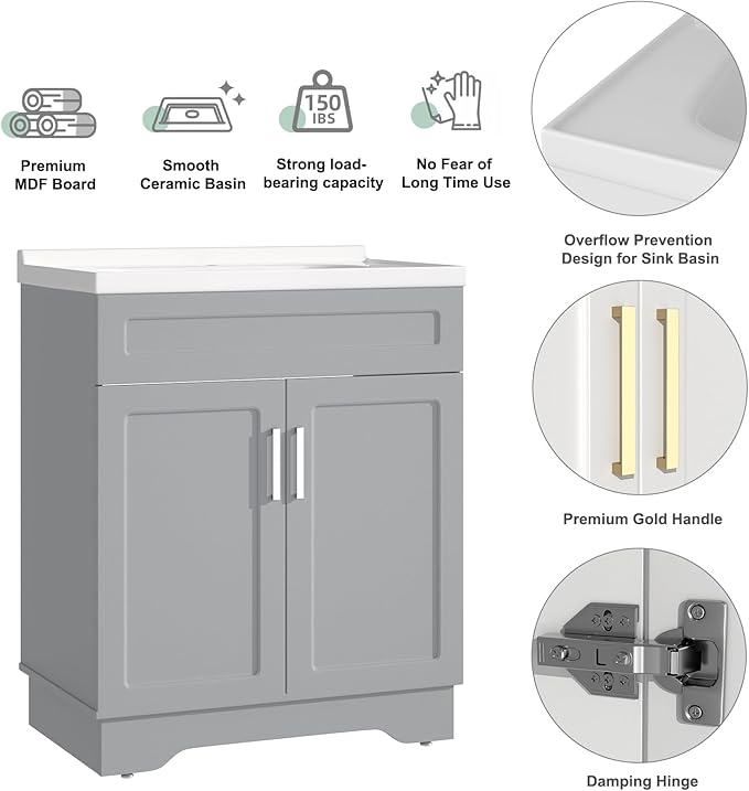 OLD CAPTAIN Bathroom Vanity with Ceramic Sink, Wooden Double Door Bathroom Vanity, 32 Inch Bath Cabinet with Sink and Storage, Grey