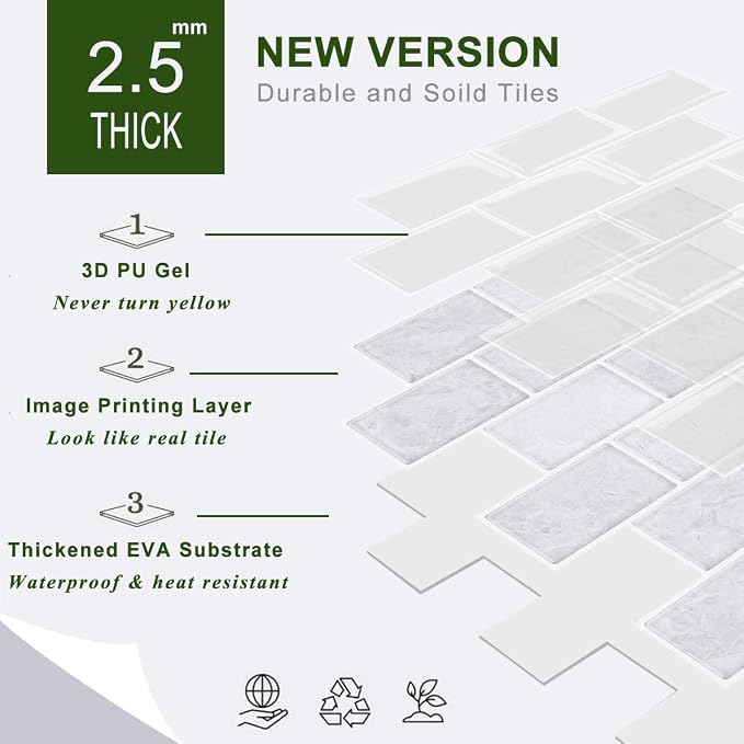 STICKGOO Subway Tile Peel and Stick Backsplash, Thicker Design 12" x 12" Stick on Backsplash Tiles for Kitchen, Bathroom, Wall Tile (10 Sheets, Cinderella Grey)