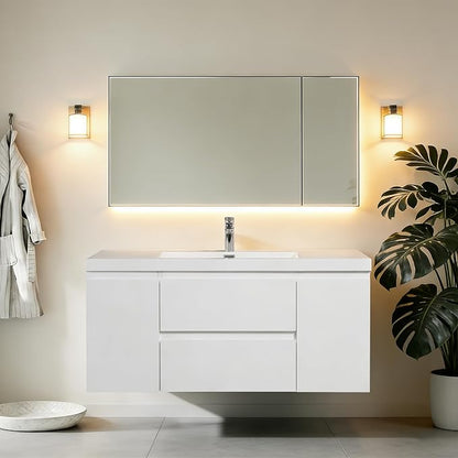 48 Inch Floating Bathroom Vanity Sink,Glossy White | Storage Cabinet Wall Mounted Cabinet, Solid Surface Basin, Soft Close Drawers, Fully Assembled