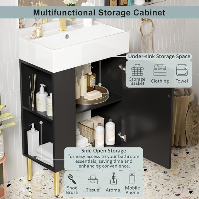 22" Small Bathroom Vanity with Sink, Morden Bathroom Vanities with Soft-Close Door and Open Shelf, Freestanding Narrow Vanity for Compact Space-Saving Bathrooms (Black,22" Freestanding Left Shelf)