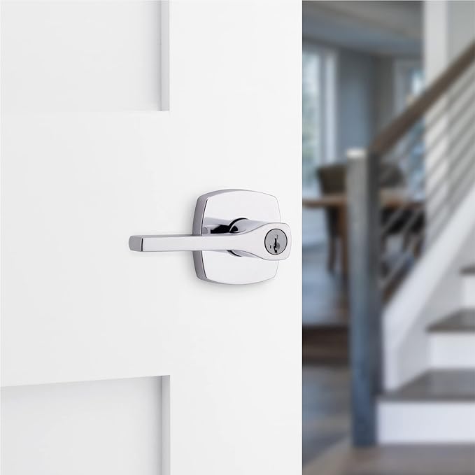 Kwikset Tripoli Lever Entry Door Handle with Lock and Key, Secure Keyed Reversible Lever Exterior, Doorlock, For Front Entrance and Bedrooms, Polished Chrome, Pick Resistant Smartkey Rekey Security