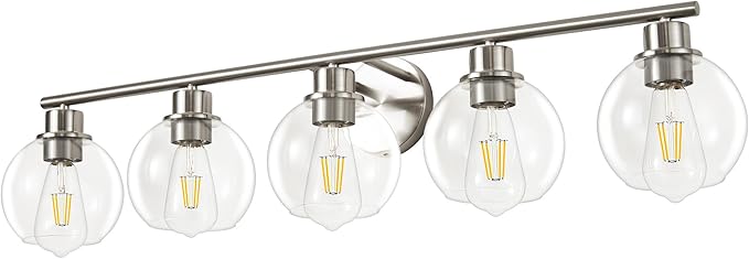Bathroom Light Fixtures Over Mirror 5-Lights Bathroom Vanity Light with Clear Globe Glass Shade 37.4 inch Modern Brushed Nickel Vanity Lights Wall Sconce Lighting for Bath